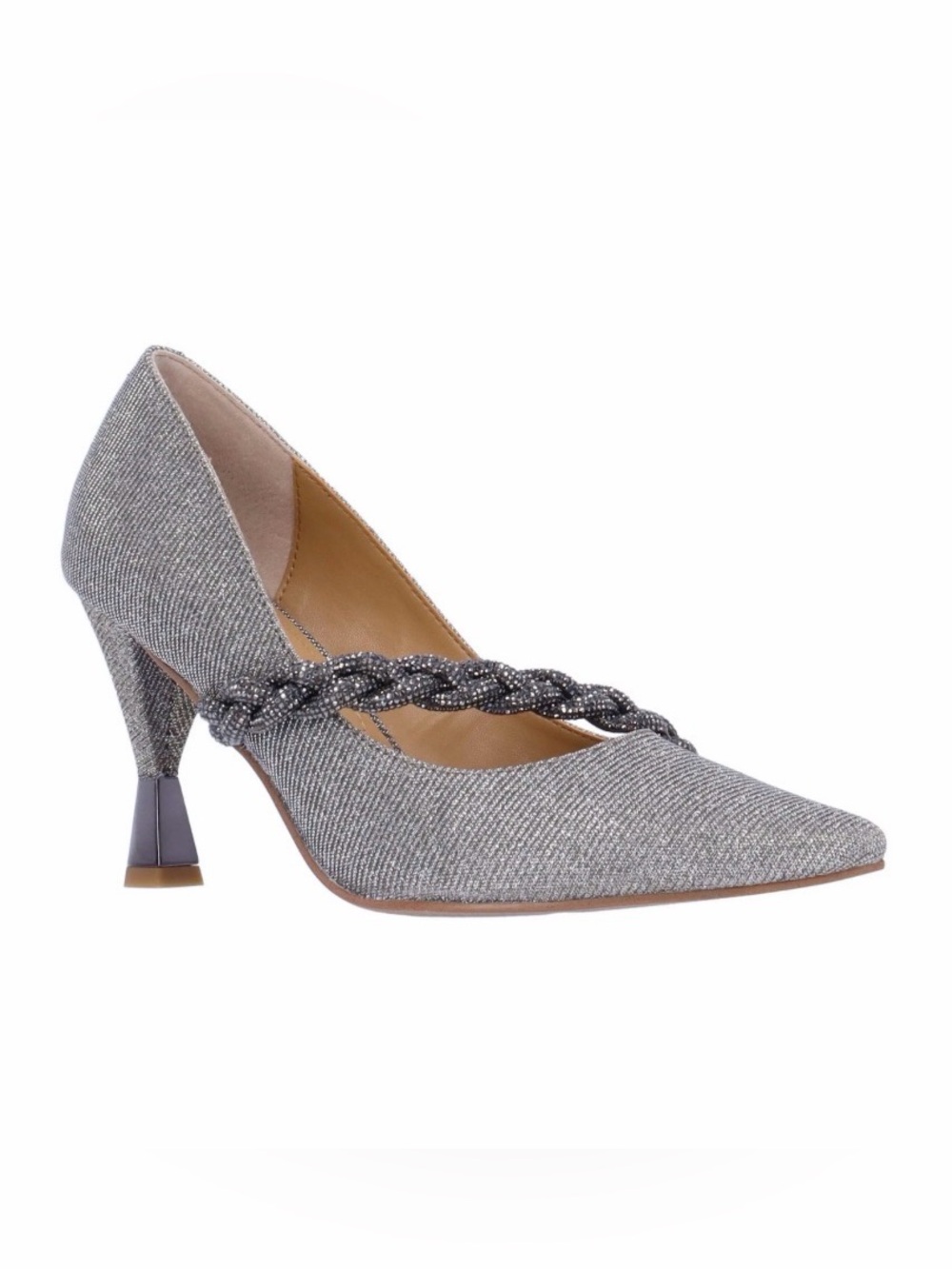 J Renee Nyomee Pewter Silver Pointed Toe Braided Strap Heels NEW 12M
